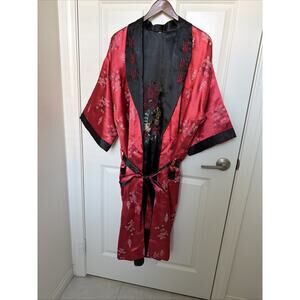 Vintage Kimono Silky Satin Red Black Reversible Robe Embroidered Dragon XL